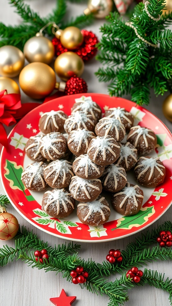 A plate of Reindeer Poop treats, chocolate candies, and marshmallows, dusted with powdered sugar, surrounded by Christmas decorations.